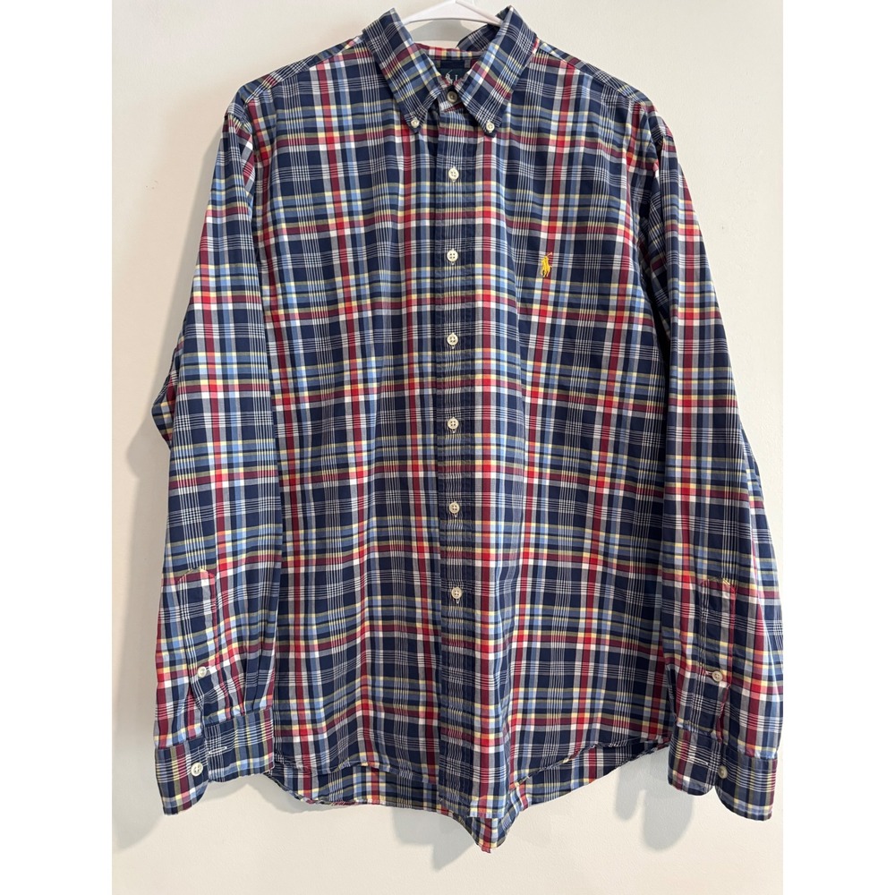 Ralph Lauren Custom Fit Plaid Button Down Mens XL Multi Color Yellow Pony Logo